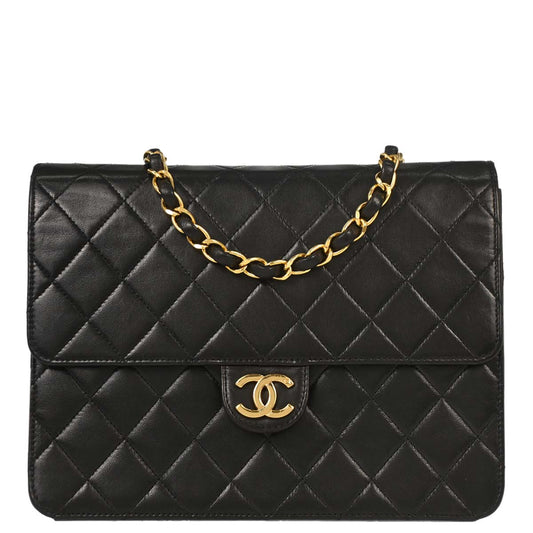Chanel Black Lambskin Pushlock Small Half Flap Shoulder Bag