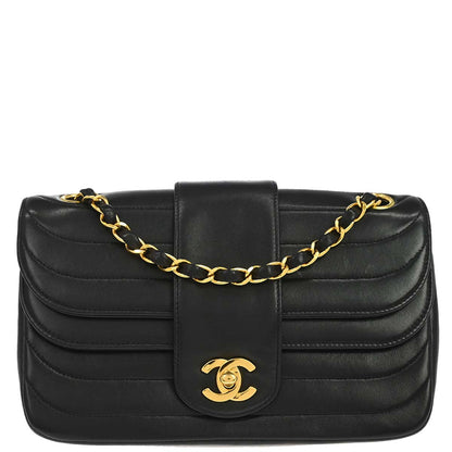 Chanel 1991-1994 Black Lambskin Horizontal Stitch Small Double Flap Shoulder Bag