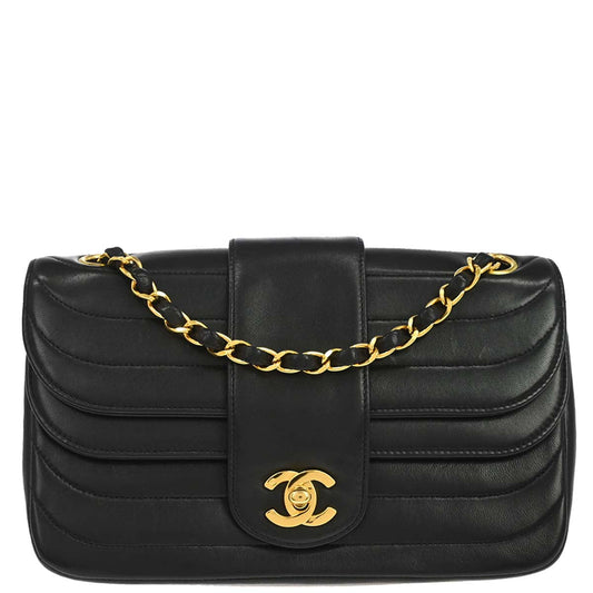 Chanel 1991-1994 Black Lambskin Horizontal Stitch Small Double Flap Shoulder Bag