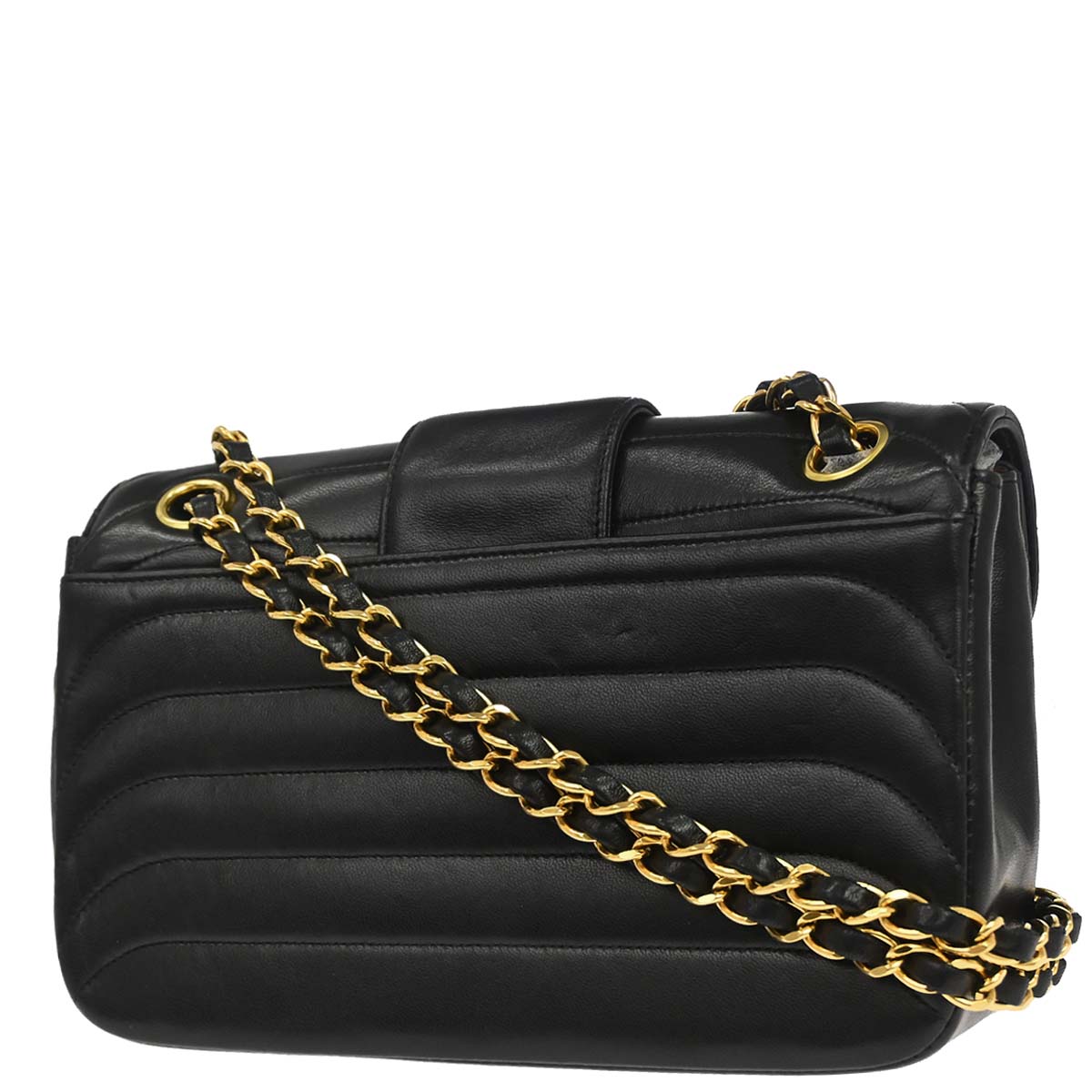 Chanel 1991-1994 Black Lambskin Horizontal Stitch Small Double Flap Shoulder Bag
