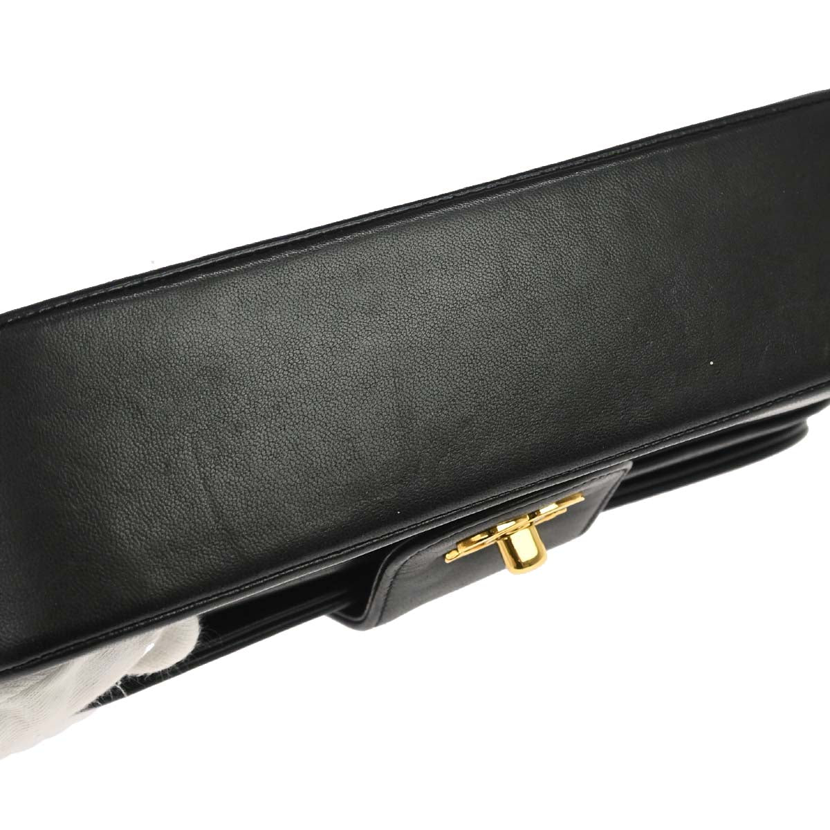 Chanel 1991-1994 Black Lambskin Horizontal Stitch Small Double Flap Shoulder Bag