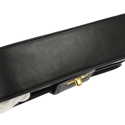 Chanel 1991-1994 Black Lambskin Horizontal Stitch Small Double Flap Shoulder Bag