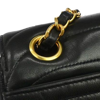 Chanel 1991-1994 Black Lambskin Horizontal Stitch Small Double Flap Shoulder Bag