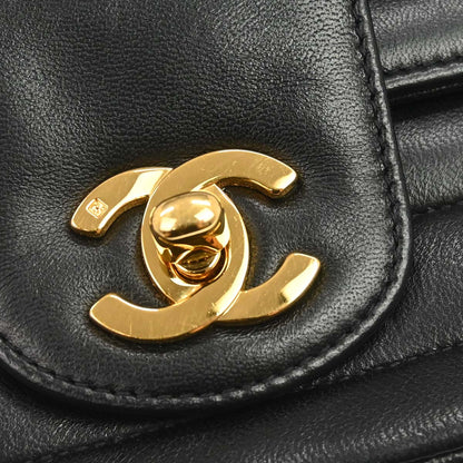 Chanel 1991-1994 Black Lambskin Horizontal Stitch Small Double Flap Shoulder Bag