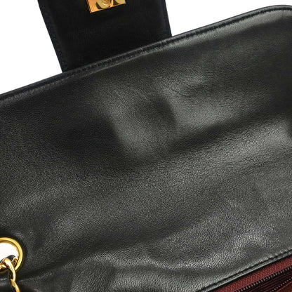 Chanel 1991-1994 Black Lambskin Horizontal Stitch Small Double Flap Shoulder Bag
