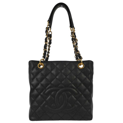 Chanel Black Caviar Skin Petite Shopping Tote PST Chain Handbag