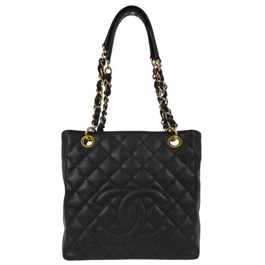 Chanel Black Caviar Skin Petite Shopping Tote PST Chain Handbag