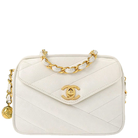 Chanel White Caviar Skin Camera Bag Mini
