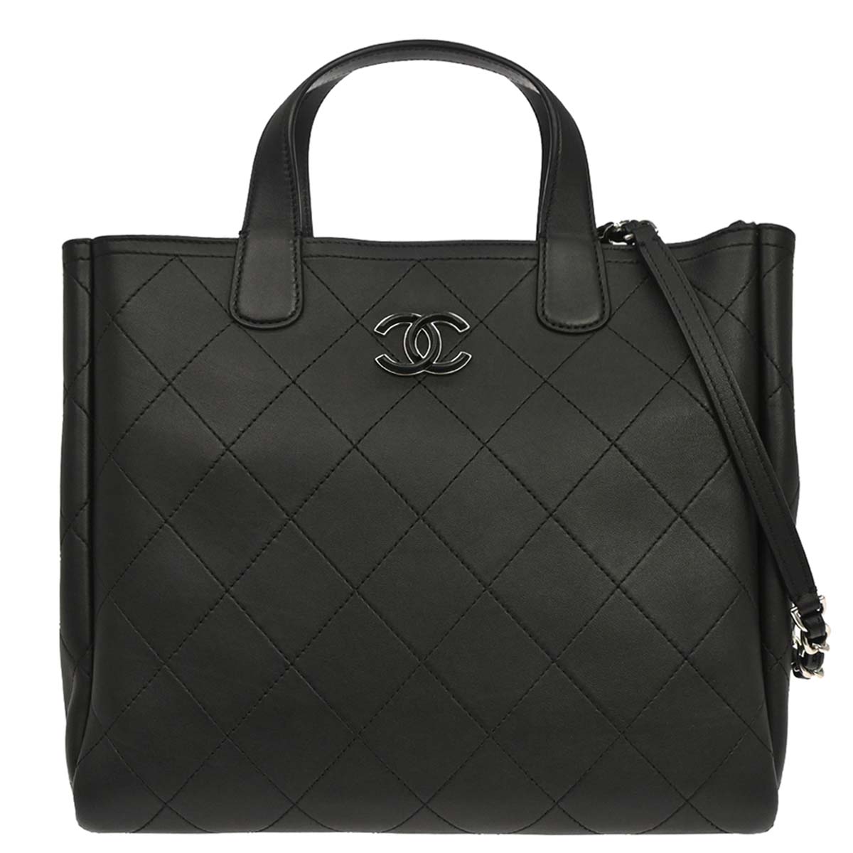 Chanel Black Calfskin Shopping Tote 2way Shoulder Handbag