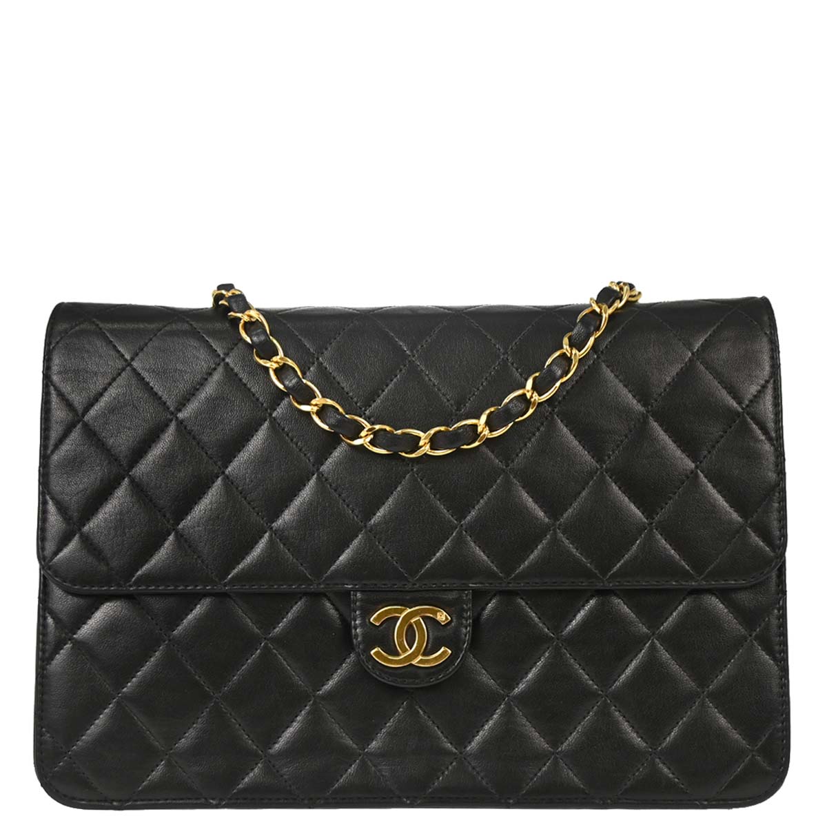 Chanel Black Lambskin Pushlock Medium Half Flap Shoulder Bag