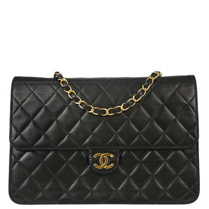 Chanel Black Lambskin Pushlock Medium Half Flap Shoulder Bag