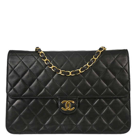 Chanel Black Lambskin Pushlock Medium Half Flap Shoulder Bag