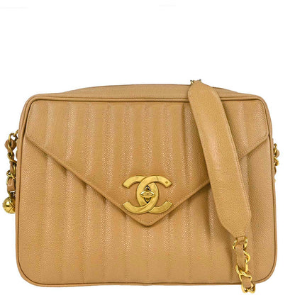 Chanel 1994-1996 Beige Caviar Skin Mademoiselle Camera Bag Jumbo