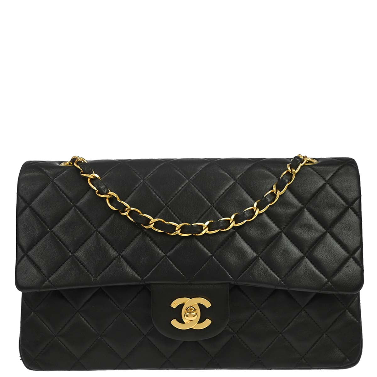 Chanel 1991-1994 Black Lambskin Medium Classic Double Flap Shoulder Bag