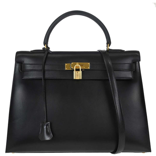 Hermes Black Box Calf Kelly 35 Sellier 2way Shoulder Handbag