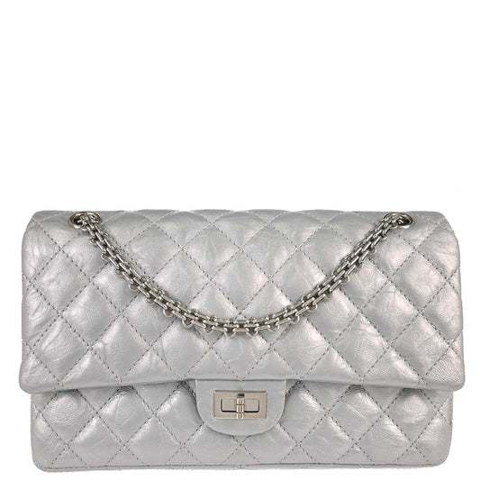 Chanel Silver Calfskin 2.55 Double Flap Shoulder Bag
