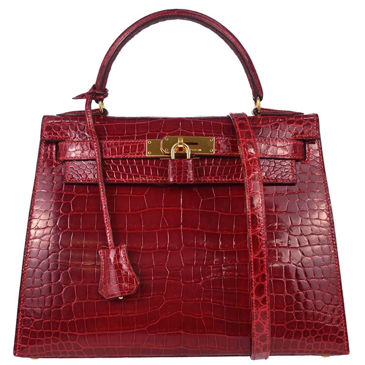 Hermes * Rouge Garance Porosus Kelly 28 Sellier 2way Shoulder Handbag