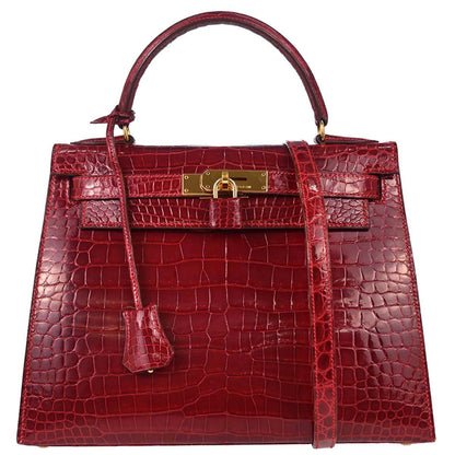 Hermes * Rouge Garance Porosus Kelly 28 Sellier 2way Shoulder Handbag