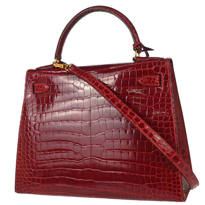 Hermes * Rouge Garance Porosus Kelly 28 Sellier 2way Shoulder Handbag