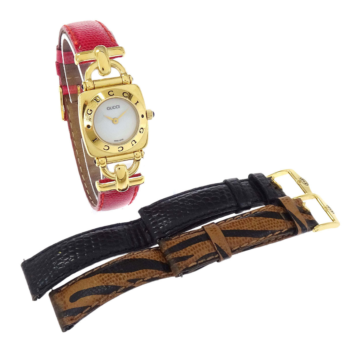 Gucci 6300L Quartz Watch Horsebit Change Belt SS Embossed Leather
