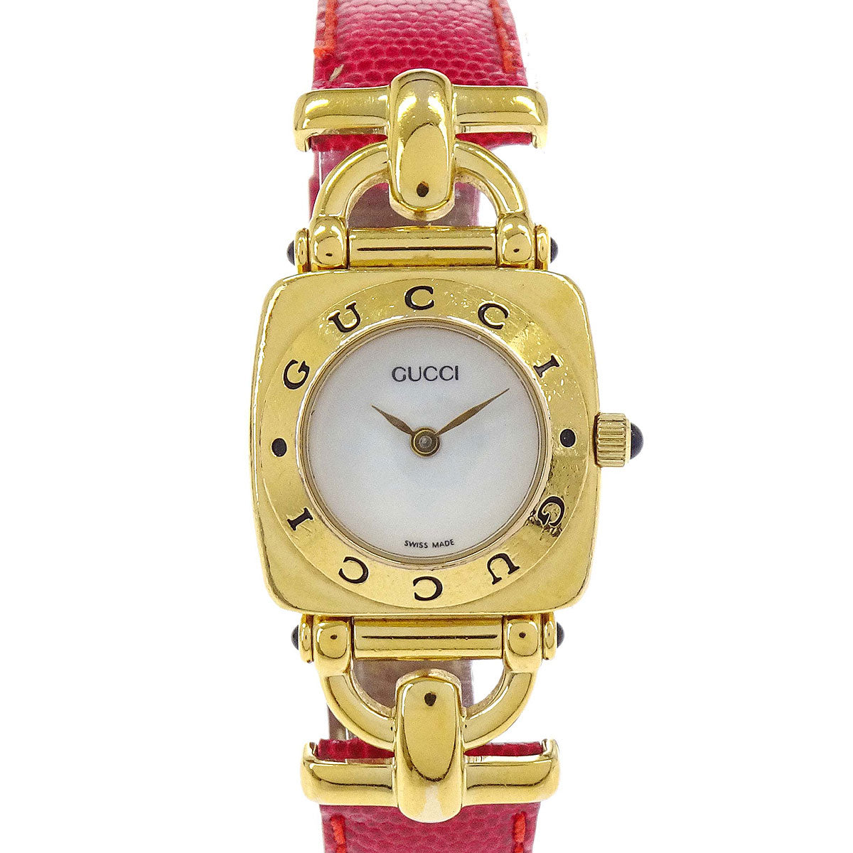 Gucci 6300L Quartz Watch Horsebit Change Belt SS Embossed Leather
