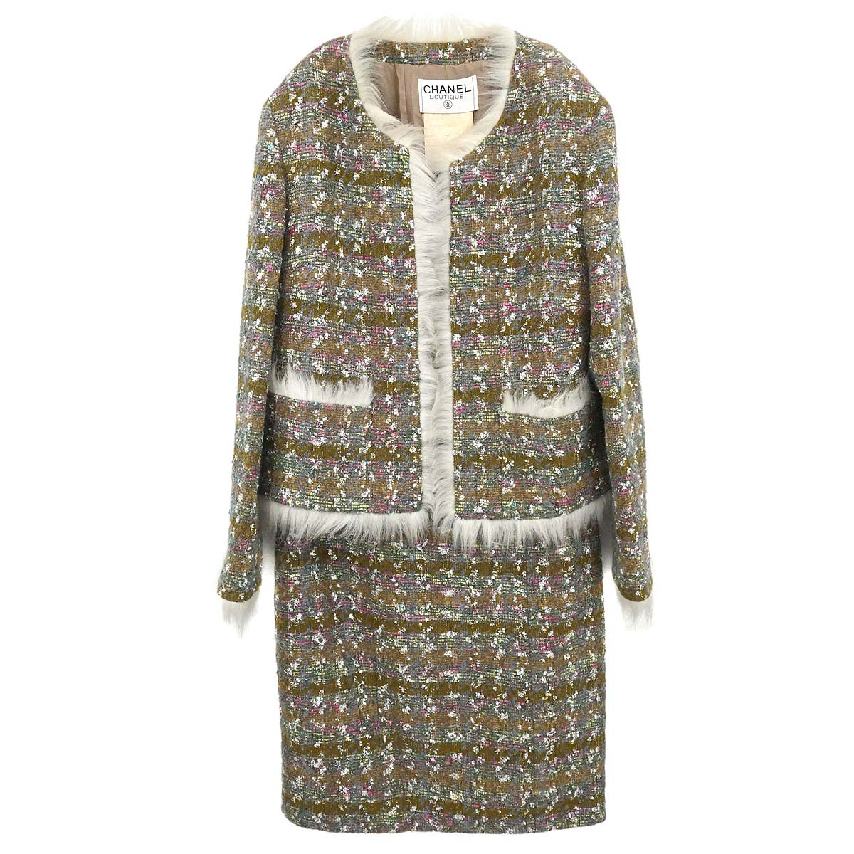 Chanel 1994 Setup Suit Jacket Skirt Tweed Brown #40