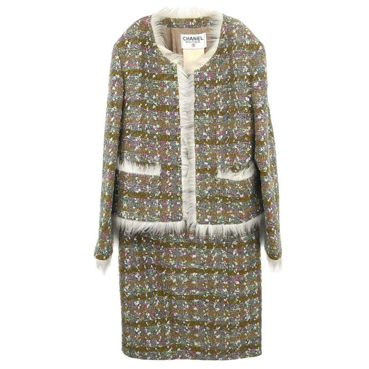 Chanel 1994 Setup Suit Jacket Skirt Tweed Brown #40