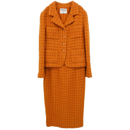 Chanel Setup Suit Jacket Skirt Tweed Houndstooth Brown