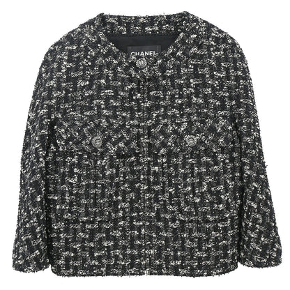 Chanel 2013-2014 Zip Up Collarless Tweed Jacket Black #34