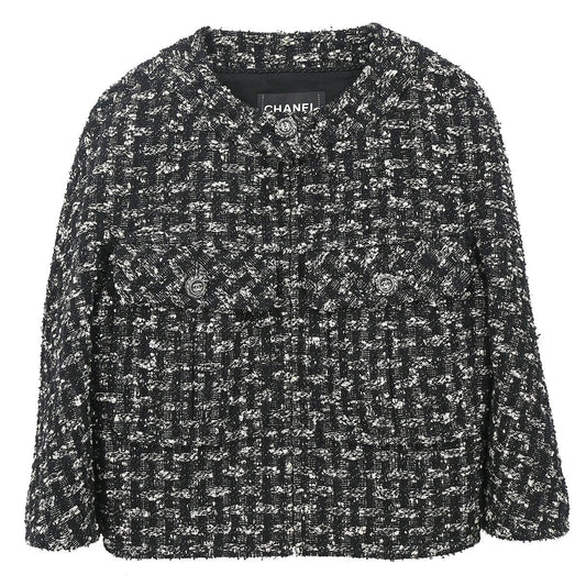 Chanel 2013-2014 Zip Up Collarless Tweed Jacket Black #34