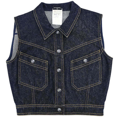 Chanel 1997 Single Breasted Sleeveless Vest Denim Jacket Indigo #38