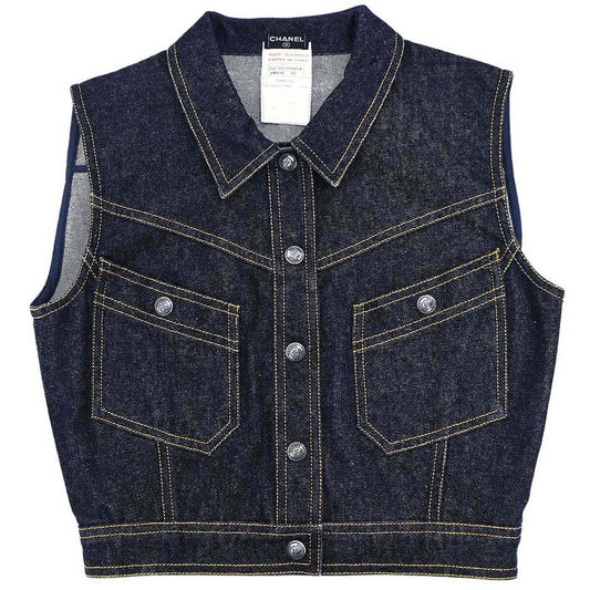 Chanel 1997 Single Breasted Sleeveless Vest Denim Jacket Indigo #38