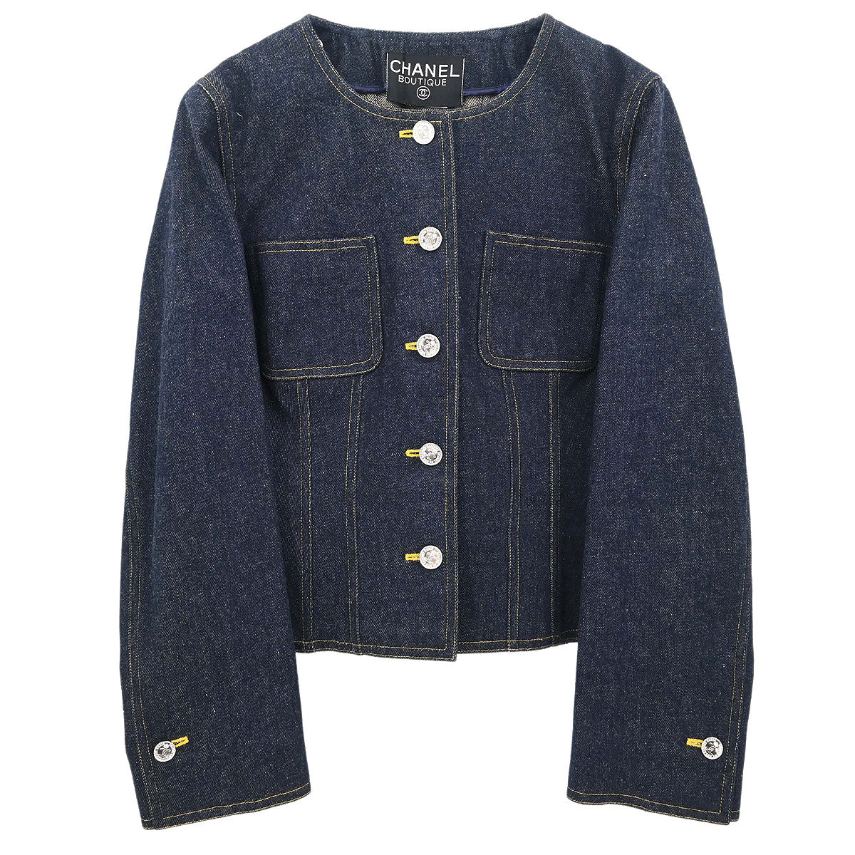 Chanel Single Breasted Collarless Denim Jacket Indigo