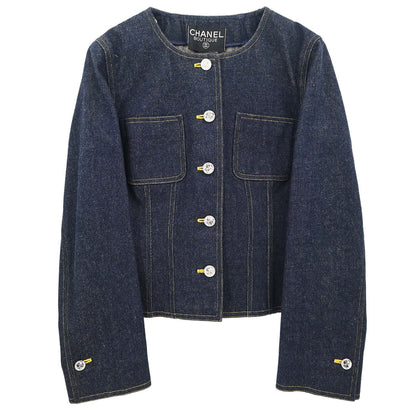 Chanel Single Breasted Collarless Denim Jacket Indigo
