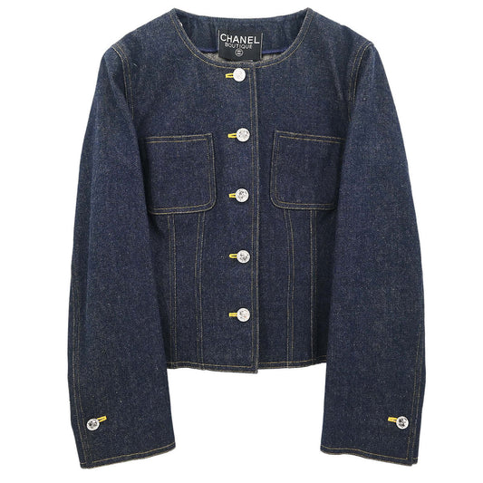 Chanel Single Breasted Collarless Denim Jacket Indigo