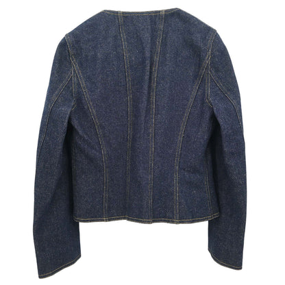 Chanel Single Breasted Collarless Denim Jacket Indigo
