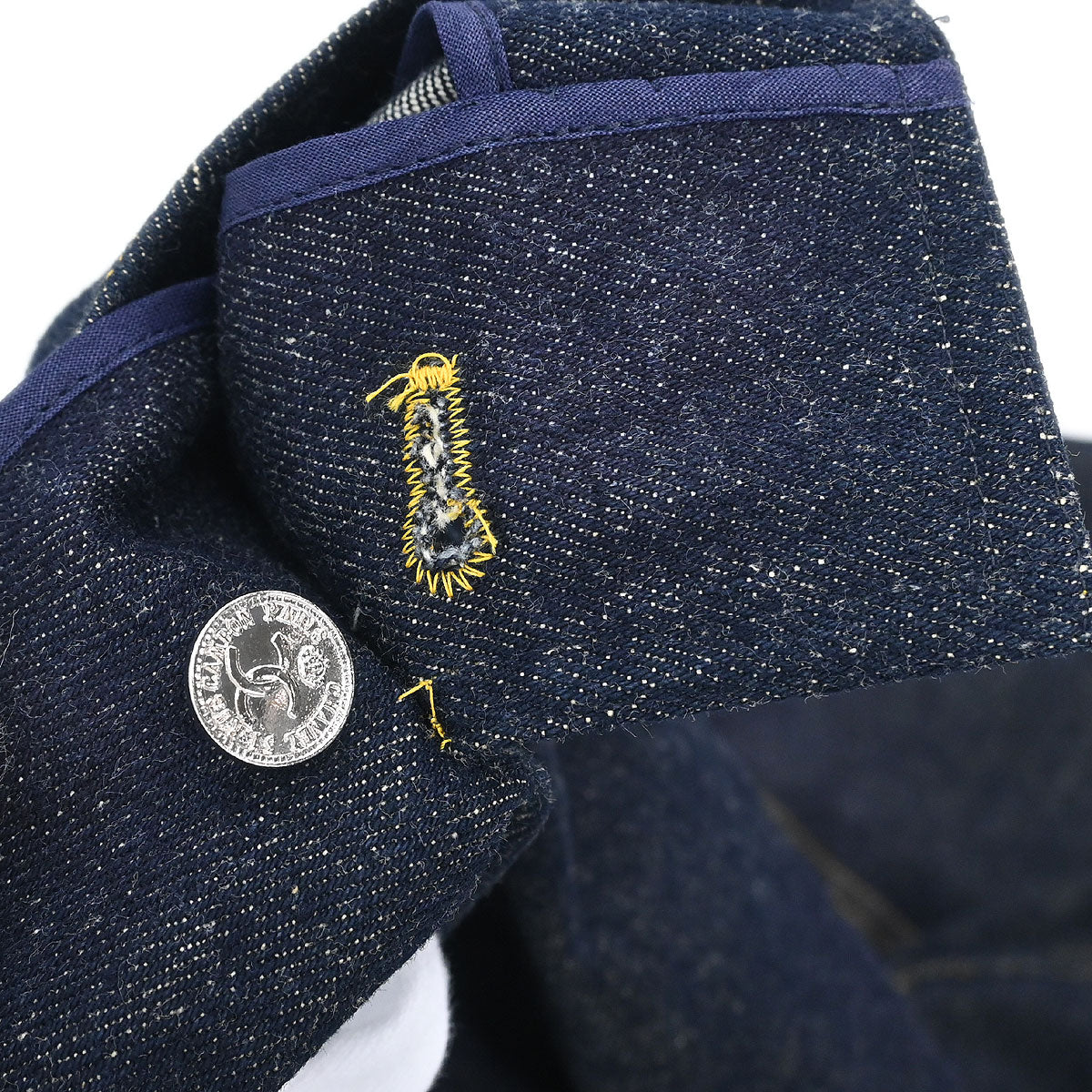 Chanel Single Breasted Collarless Denim Jacket Indigo
