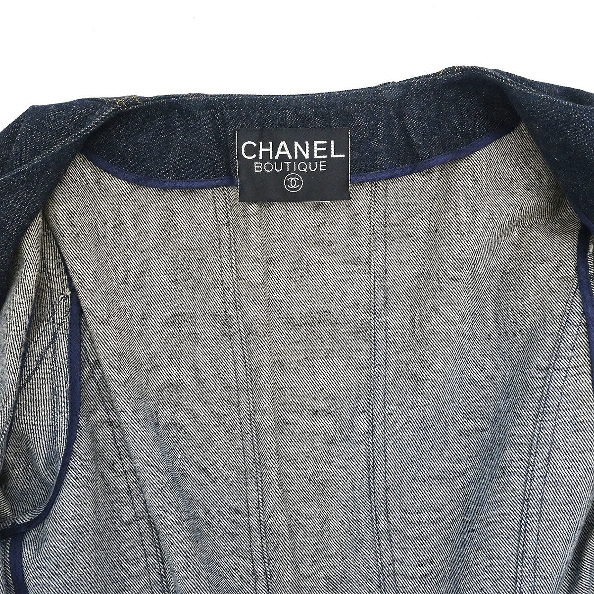 Chanel Single Breasted Collarless Denim Jacket Indigo