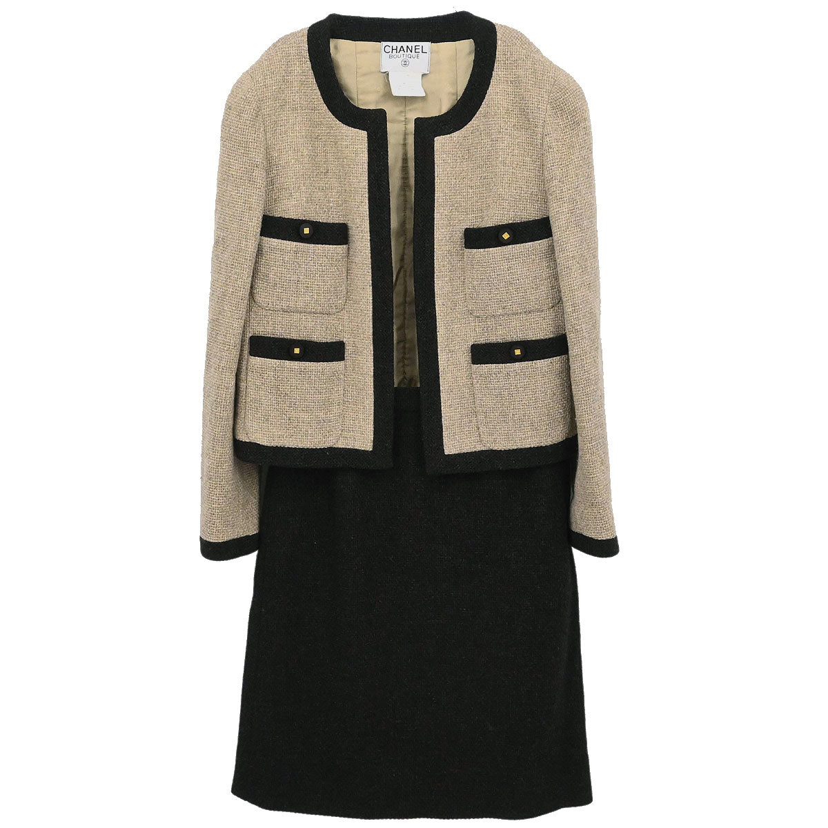 Chanel 1996 Setup Suit Jacket Skirt Tweed Beige Brown #38