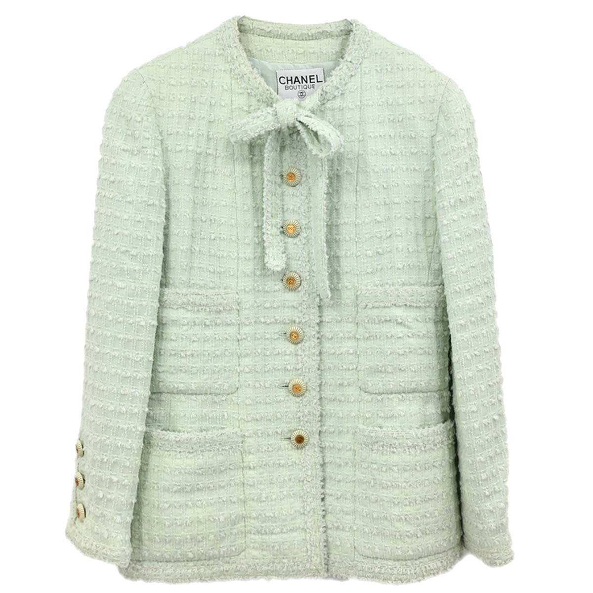 Chanel 1993 Bow Collarless Tweed Jacket Light Green #38