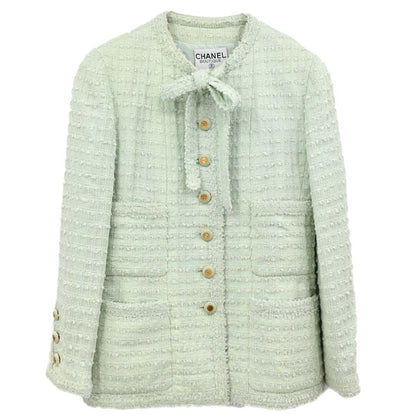 Chanel 1993 Bow Collarless Tweed Jacket Light Green #38