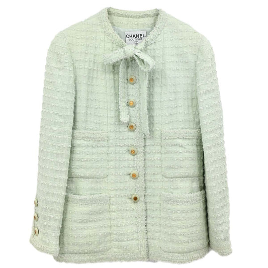 Chanel 1993 Bow Collarless Tweed Jacket Light Green #38