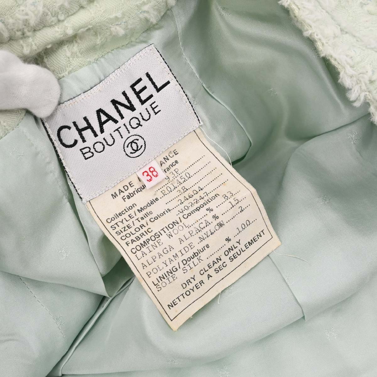 Chanel 1993 Bow Collarless Tweed Jacket Light Green #38