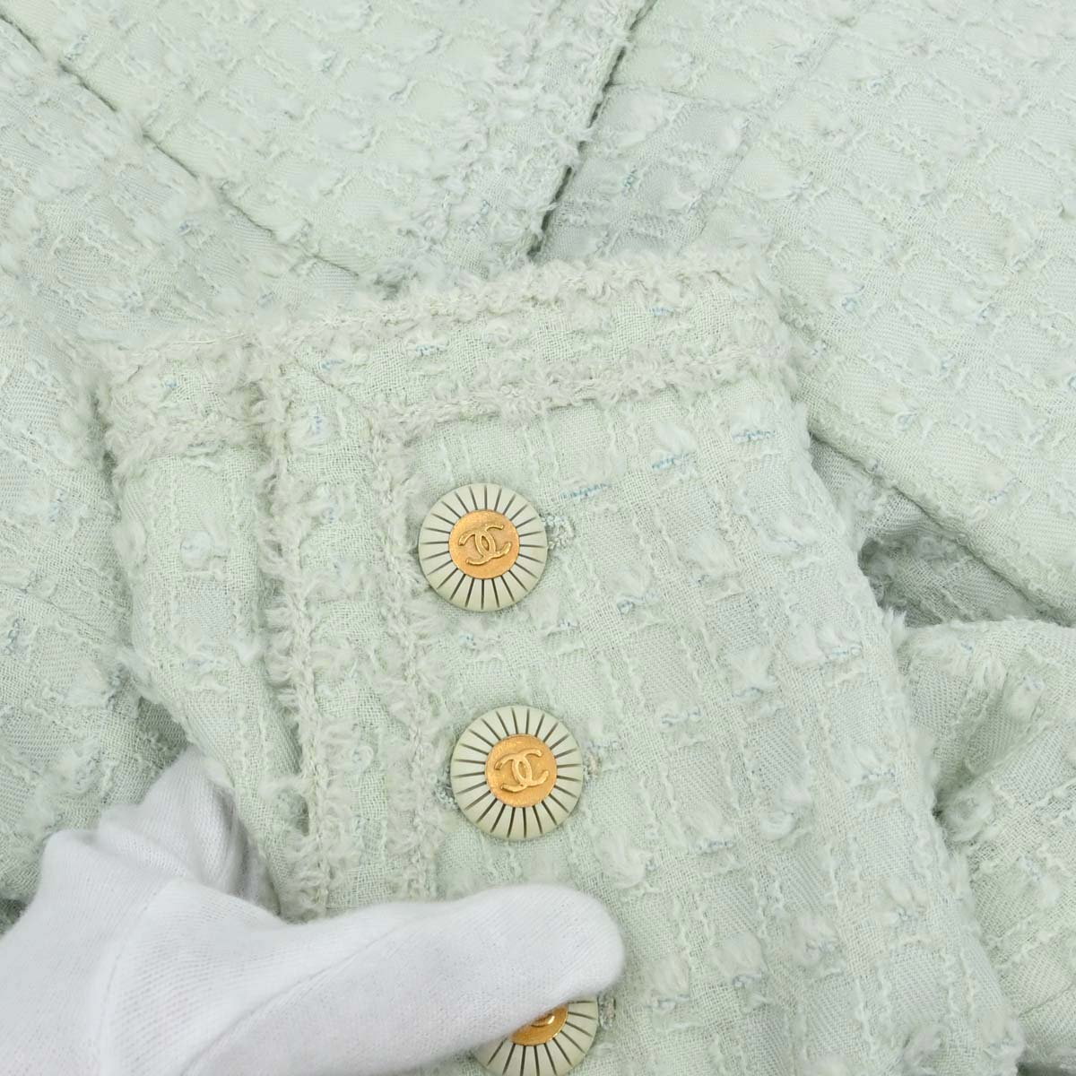 Chanel 1993 Bow Collarless Tweed Jacket Light Green #38