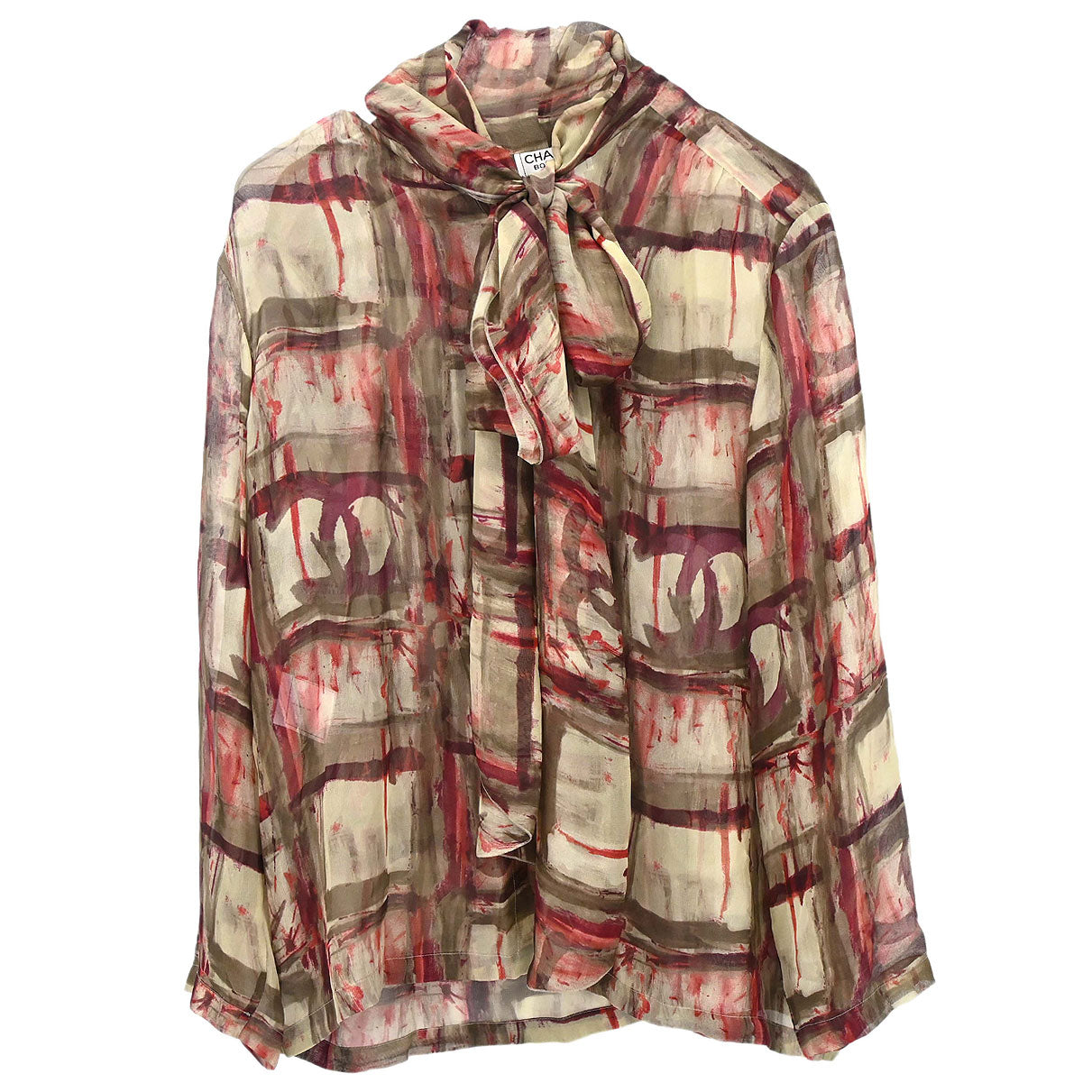 Chanel 1998 Sheer Bow Tie Blouse Shirt Khaki #38