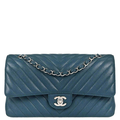 Chanel Blue Caviar Skin Chevron Medium Classic Double Flap Shoulder Bag