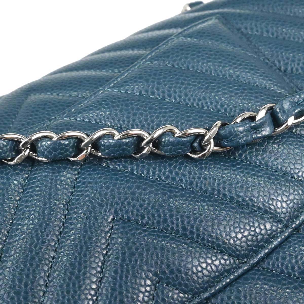 Chanel Blue Caviar Skin Chevron Medium Classic Double Flap Shoulder Bag