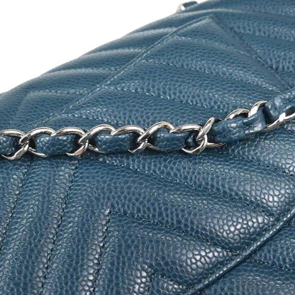Chanel Blue Caviar Skin Chevron Medium Classic Double Flap Shoulder Bag