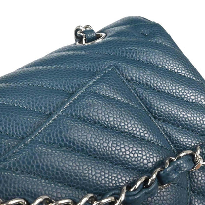 Chanel Blue Caviar Skin Chevron Medium Classic Double Flap Shoulder Bag