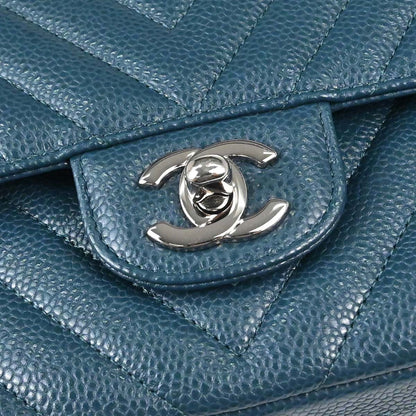 Chanel Blue Caviar Skin Chevron Medium Classic Double Flap Shoulder Bag